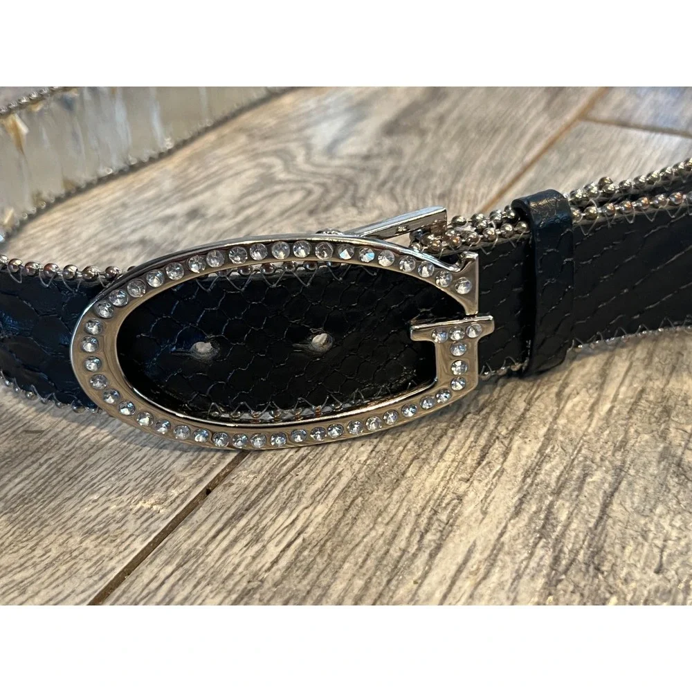Guess Leather Belt Rhinestone Bling Y2K‎ 90s 80s Studded Buckle Western Black